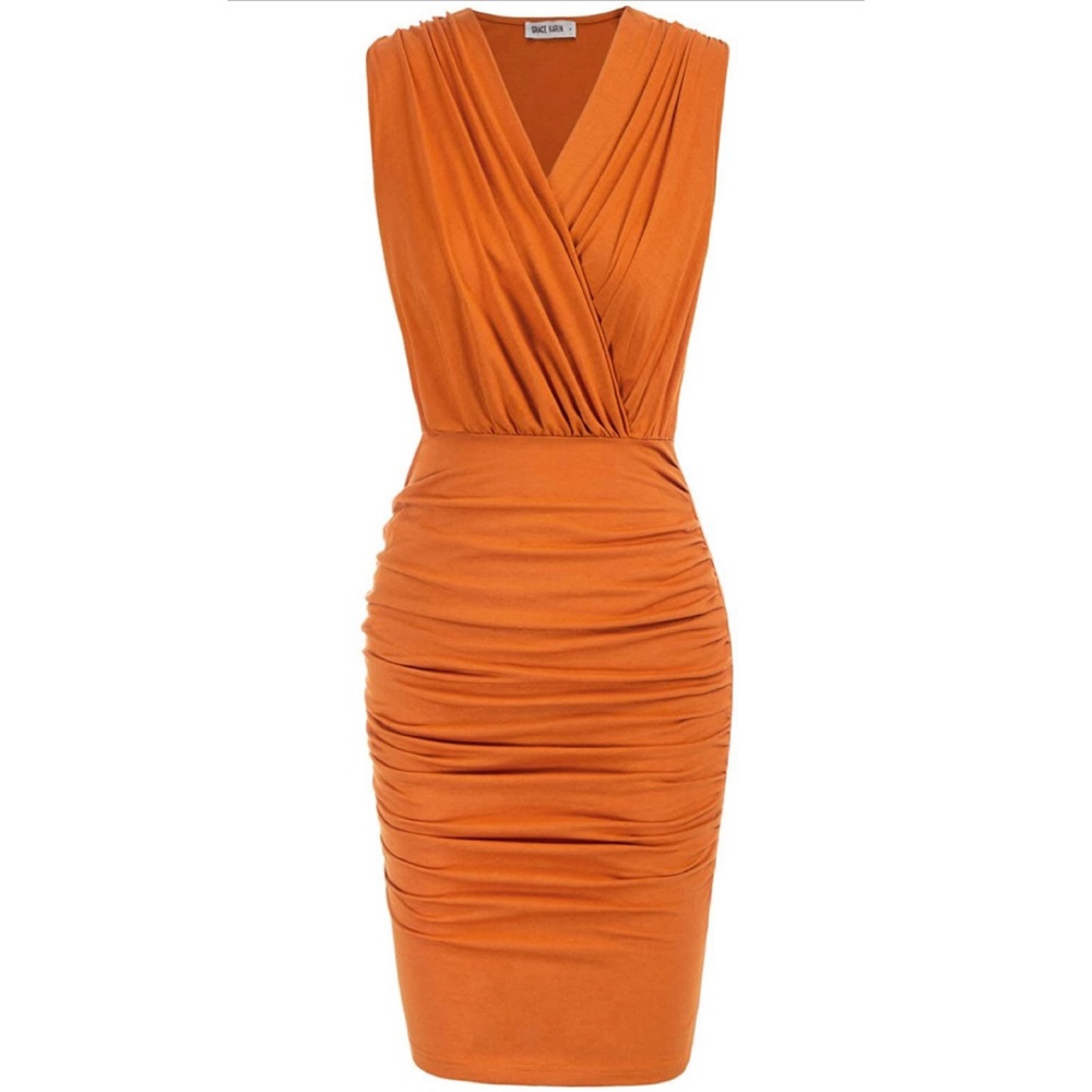 Orange ruched pencil dress